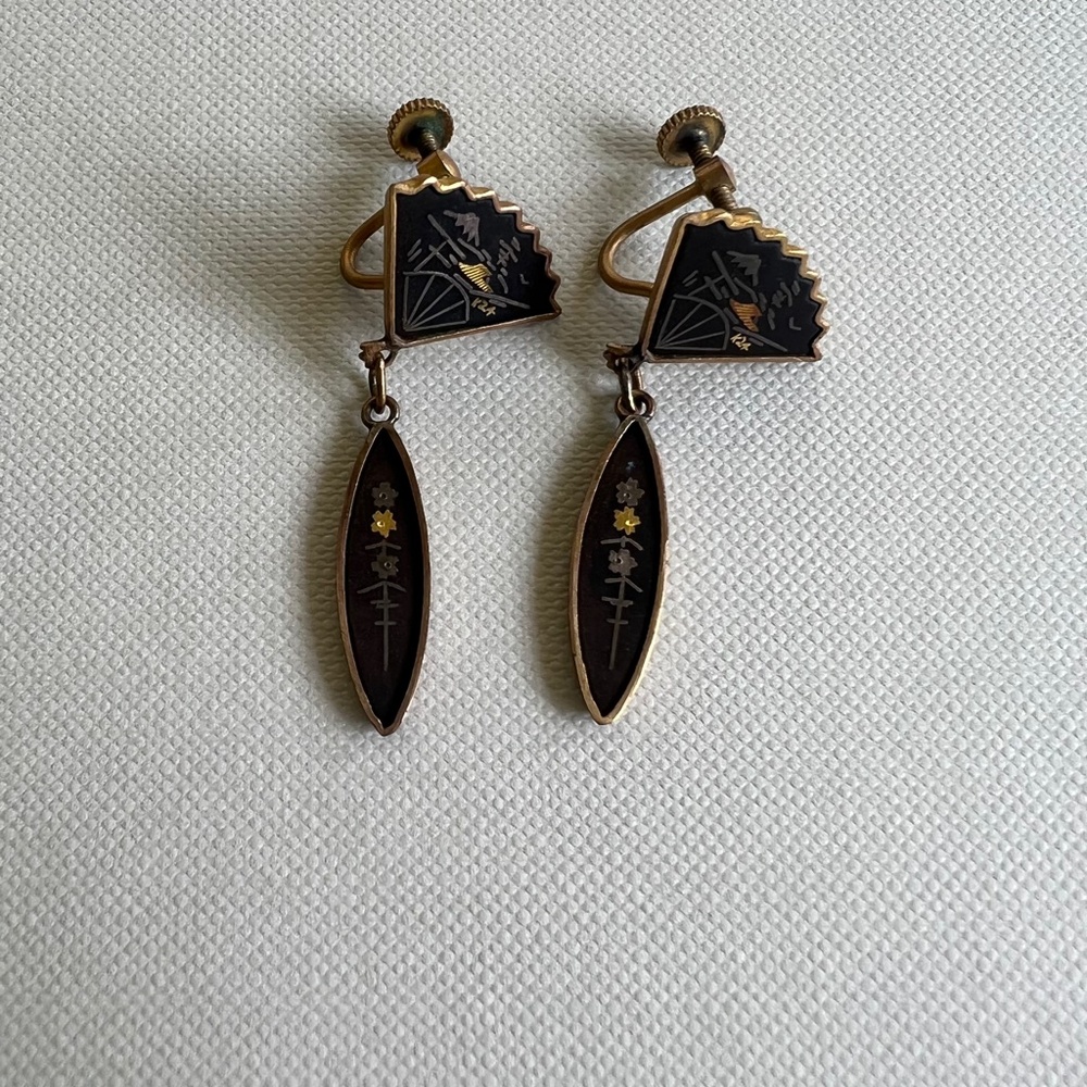 Vintage Damascene Fan Screw Back Earrings